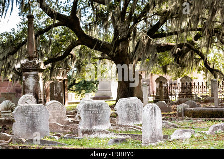 Gli oggetti contrassegnati per la rimozione definitiva nella storica del cimitero di Magnolia in Charleston, Carolina del Sud. Foto Stock