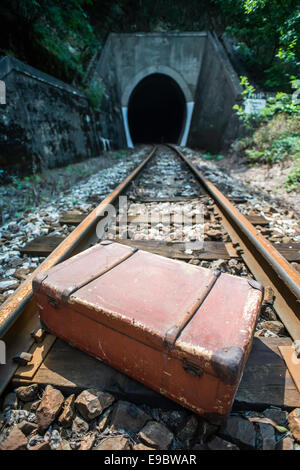 Vintage valigia su strada ferrata e tunnel. Foto Stock