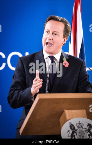 Bruxelles, BXL, Belgio. 24 ott 2014. La Gran Bretagna è il Primo Ministro David Cameron parla durante una conferenza stampa dopo la seconda giornata della Riunione dei capi di Stato al consiglio dell'UE con sede a Bruxelles, in Belgio, il 24.10.2014 da Wiktor Dabkowski Credito: Wiktor Dabkowski/ZUMA filo/Alamy Live News Foto Stock