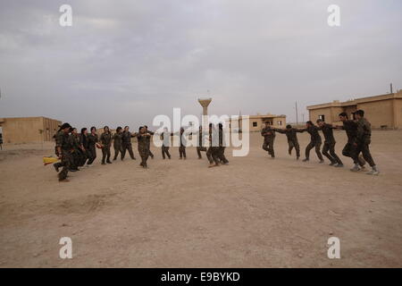 Combattenti curdi delle unità di protezione del popolo YPG e femmina Combattenti delle unità di protezione delle donne YPJ che eseguono un tradizionale Danza curda in un campo di allenamento in al Hasakah o. Distretto di Hassakeh nel nord della Siria Foto Stock