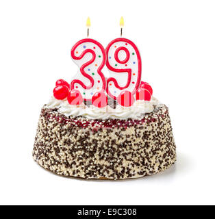 Torta di compleanno con candela che brucia con il numero di riferimento 39 Foto Stock