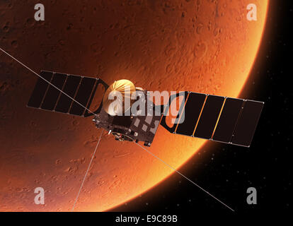 Veicolo spaziale in orbita attorno a Marte. Realistiche scene 3D. Foto Stock