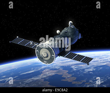 Navicella spaziale Soyuz nello spazio. Realistiche scene 3D. Foto Stock
