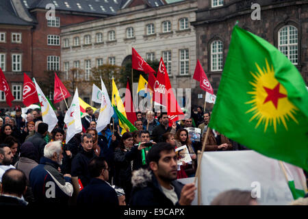 Copenhagen, Danimarca. 24 ott 2014. Curdi dimostra di Copenaghen sulla piazza del Parlamento e chiede che la Turchia si apre la sua frontiera per i combattenti curdi e di soccorso in caso di emergenza al credito Kobani: OJPHOTOS/Alamy Live News Foto Stock