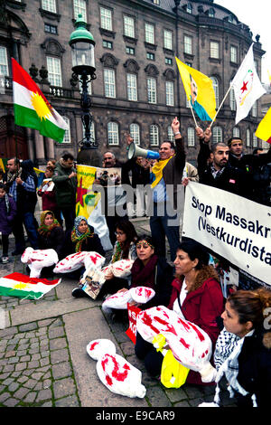 Copenhagen, Danimarca. 24 ott 2014. Curdi dimostra presso la piazza del Parlamento a Copenaghen in solidarietà con il loro popolo nella Kobani. Primo piano donne azienda macchiato di sangue di simbolizzazione del bundle di bambini uccisi, la Ultimate vittime della guerra Credito: OJPHOTOS/Alamy Live News Foto Stock