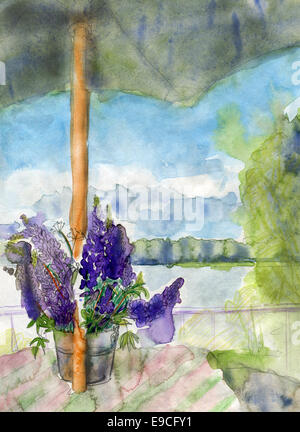 I lupini e ombrello, acquerello originale schizzo. Foto Stock