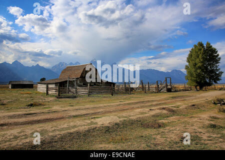 Uno dei Moulton Granai su mormone riga con i Teton Mountains dietro, nel Parco Nazionale di Grand Teton, Wyoming USA Foto Stock