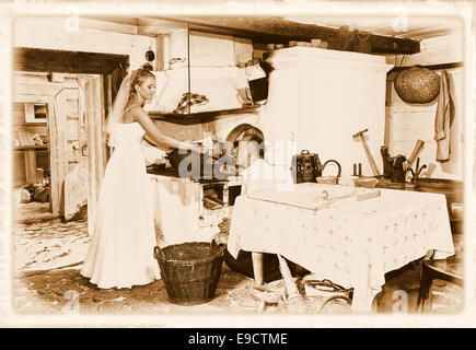 Wedding photo session in uno scenario rurale. Foto Stock