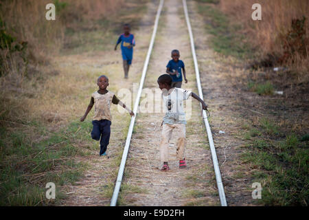 I bambini dire addio. Ferrovia. Zambia. Tramonto nella Royal Livingstone Express treno di lusso. La locomotiva a vapore, 156 è un decimo Foto Stock