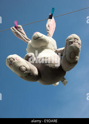 Peluche appeso su una linea di lavaggio contro un cielo blu Foto Stock