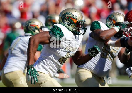 Fayetteville, AR. 25 ott 2014. UAB linebacker Josh Robinson #40 arriva il campo. L'Arkansas Razorbacks sconfitto l'Università di Birmingham in Alabama 45-17 giacche in Fayetteville, AR. Richey Miller/CSM/Alamy Live News Foto Stock