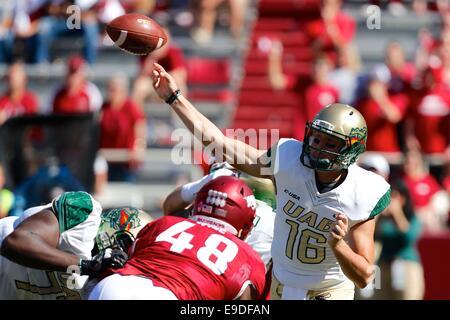 Fayetteville, AR. 25 ott 2014. Blazer QB Geremia Briscoe #16 offre la sfera dalla tasca. L'Arkansas Razorbacks sconfitto l'Università di Birmingham in Alabama 45-17 giacche in Fayetteville, AR. Richey Miller/CSM/Alamy Live News Foto Stock