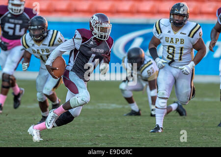 Ottobre 25, 2014 - Houston, Texas, Stati Uniti d'America: Texas Southern Tigers quarterback Homer Causey (4) preleva un primo verso il basso .durante un NCAA Football gioco tra la University of Arkansas a Pine Bluff Golden Lions e la Texas Southern Tigers di BBVA Compass Stadium, Houston, TX. Arkansas-Pine Bluff beat TSU 38-37 Foto Stock