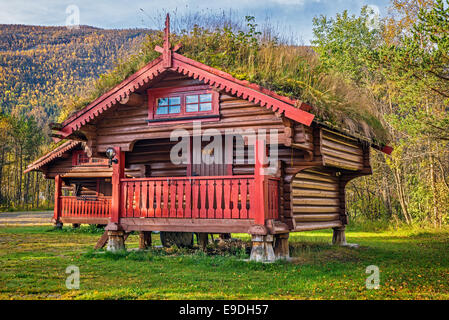 Camping cabine con tetto del fondo erboso vicino Hallingskarvet parco nazionale in Norvegia Foto Stock