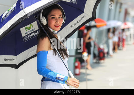 Sepang, Malesia. 25 ott 2014. Ragazza di griglia sulla pit durante il sabato la sessione di qualifiche del Malaysian Motorcycle Grand Prix tenutosi al Sepang International Circuit di Sepang, in Malesia. Credito: Azione Sport Plus/Alamy Live News Foto Stock