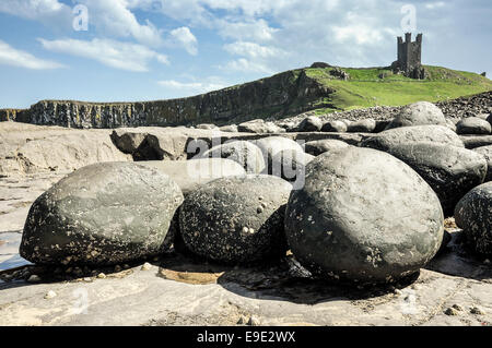 Massi rotondi sotto il castello di Dunstanburgh in Northumberland sulla costa nord est dell'Inghilterra. Foto Stock