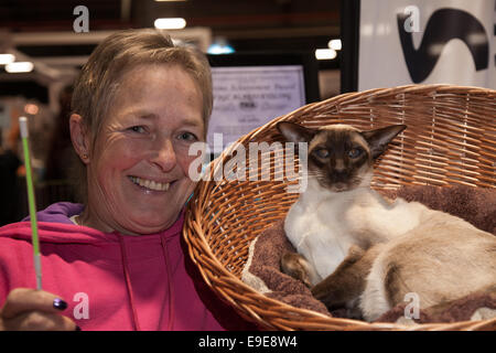 Città evento, Manchester, UK 26 Ottobre, 2014. Sally Gibbins, gatto siamese gatto allevatore alla XV Best European International siamese gatto mostra presso la famiglia Pet Show,Trafford Centre. Foto Stock