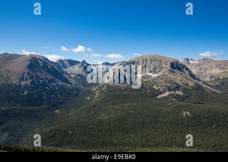 Vista dalla foresta Canyon Overlook su Trail Ridge Road nel Parco Nazionale delle Montagne Rocciose in Colorado Foto Stock