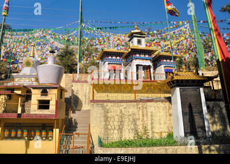 Colorato la preghiera buddista bandiere nella città di Dharamshala, Himachal Pradesh, India Foto Stock