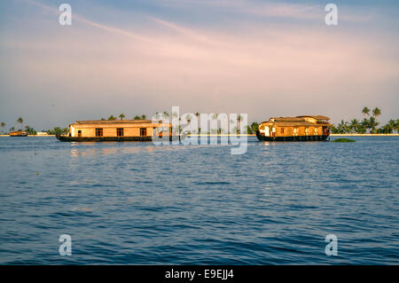 In legno tradizionali case galleggianti di Alleppey regione in India Foto Stock