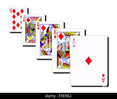 Un royal flush con diverse schede di dimensioni isolata su uno sfondo bianco Foto Stock