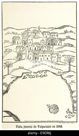 Questa vista del 1646 di Valparaiso, Cile, offre un panorama generale della città, mostrando la sua prima architettura e la sua disposizione geografica. L'illustrazione mette in evidenza lo sviluppo urbano durante il periodo coloniale. Foto Stock