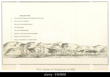 Questa rappresentazione del 1712 di Valparaiso, in Cile, offre una vista generale della città portuale come apparve all'inizio del XVIII secolo. L'immagine mostra il porto della città e la topografia circostante durante il periodo coloniale. Foto Stock
