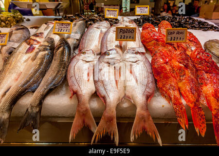 Pesce fresco in vendita, Mercat de L'Olivar, Palma de Mallorca, Spagna Foto Stock