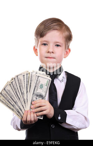 Ragazzo con una ventola di cento-le fatture del dollaro Foto Stock