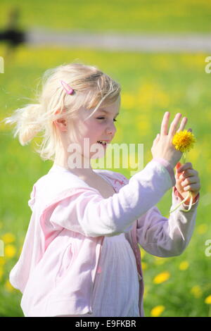 Ragazza con giallo tarassaco Foto Stock