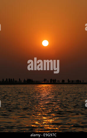 Alba sul mare con uccelli in volo a Kuakata, Bangladesh Foto Stock