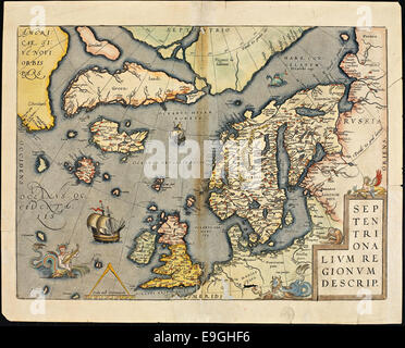 Una mappa del 1601 creata da Abraham Ortelius, raffigurante il Nord Europa, tra cui Norvegia e Scandinavia. Questa mappa storica offre un'idea della cartografia del periodo. Foto Stock