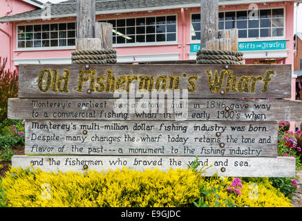 Firmare al vecchio Pontile del Pescatore, Monterey, California, Stati Uniti d'America Foto Stock