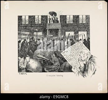 "Et mislykket Fakkeltog" (Una parata fallita della torcia) è un'illustrazione satirica di Theodor Kittelsen, presente nel libro di Jacob Dybwad "fra Livet i de Smaa Forholde" (dalla vita in piccole circostanze). L'immagine ritrae umoristicamente un tentativo fallito di una processione di fiaccolate, tipico dello stile stravagante e critico di Kittelsen. Foto Stock