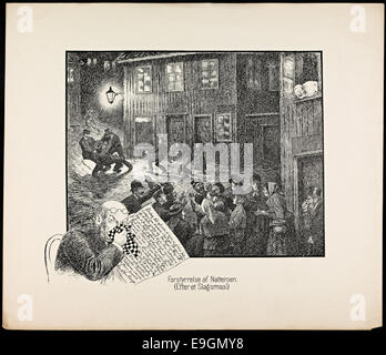 Questa immagine è una caricatura di Theodor Kittelsen, intitolata "Forstyrrelse af Natteroen" (disturbo del riposo della notte) dalla collezione "fra Livet i de små Forholde". Rappresenta una scena umoristica o satirica, tipica del lavoro di Kittelsen. Foto Stock