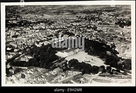 Questa fotografia aerea del 1928 circa mostra una vista panoramica di Oslo, Norvegia, con una chiara attenzione al Palazzo reale (Det kongelige slott). L'immagine cattura il paesaggio urbano e mette in evidenza importanti punti di riferimento, riflettendo lo sviluppo urbano di Oslo all'inizio del XX secolo. Foto Stock
