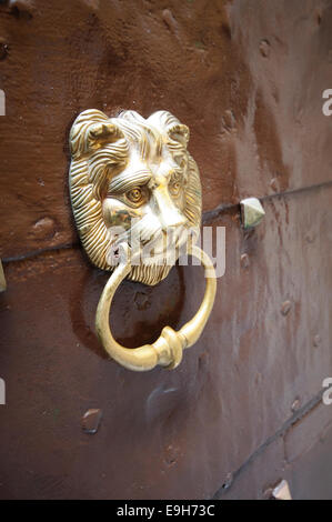 Ottone antico porta respingente con Lion figura. Foto Stock