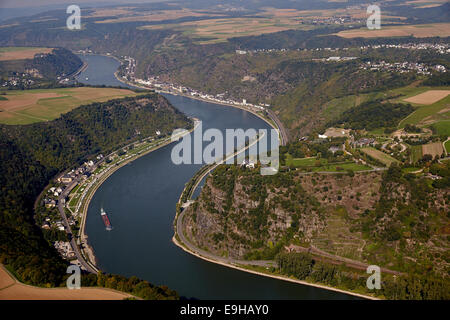 Lorelei rock sul fiume Reno, vista aerea, St.Goar, Renania-Palatinato, Germania Foto Stock