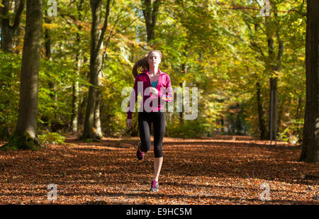 Chiltern Hills, Oxfordshire, Regno Unito. 28 ottobre, 2014. Regno Unito Meteo. Giovane Ballerina Nadia Staley prende formazione gestita attraverso i colori autunnali nella Chiltern Hills vicino a Henley on Thames, Oxfordshire, Regno Unito. Il clima nel Regno Unito è stata unseasonably caldo per il periodo dell'anno. Credito: Allan Staley/Alamy Live News Foto Stock