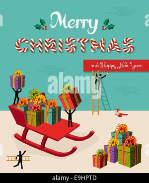 Santa il lavoro di squadra preparare tanti auguri di Buon Natale e Felice Anno Nuovo doni. Xmas creative concept design illustrazione organizzati in strati f Foto Stock