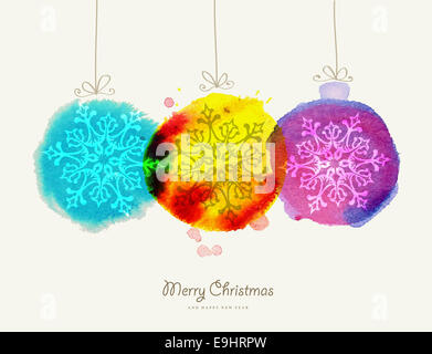 Merry Christmas greeting card baubles fatti a mano ad acquerello illustrazione di texture. EPS10 file vettoriale organizzati in strati per una facile e Foto Stock