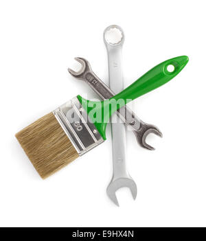 Set di utensili e strumenti isolati su sfondo bianco Foto Stock