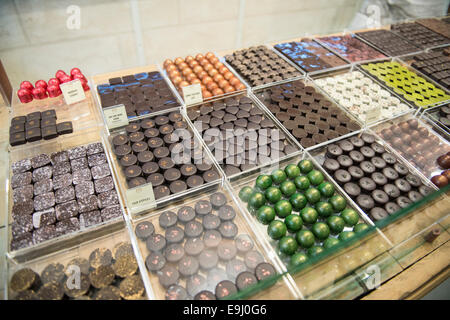 Visualizzazione di specialista di tartufi di cioccolato in un francese di pasticceria parigina Foto Stock