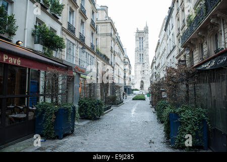 Un colpo di un tipicamente francese strada di ciottoli nella capitale Parigi Foto Stock