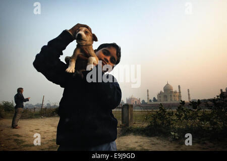 Agra, Uttar Pradesh, India. 27 ott 2014. Taj Mahal è il migliore esempio di architettura di Mughal, in Agra, Uttar Pradesh, India e maestosamente situato sulle rive del fiume Yamuna. Realizzata in marmo bianco e riconosciuto da una grande cupola bianca, il Taj Mahal (Crown Palace) è sinonimo di amore e romanticismo. È considerato uno dei più ammirati opere d'arte, così come un famoso punto di riferimento e un'attrazione turistica che richiama ogni anno milioni di visitatori. © Abhijit Chakraborty/ZUMA filo/ZUMAPRESS.com/Alamy Live News Foto Stock