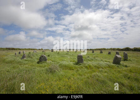 Le allegre fanciulle, da 3.000 a 4.000 anno neo-litici old stone circle, Lamorna, Cornwall, England, Regno Unito Foto Stock