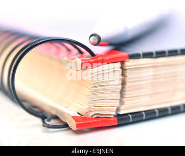 Ring Binder con gli occhiali e penna a sfera su sfondo bianco Foto Stock