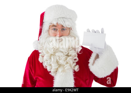 Babbo Natale con i suoi occhiali che mostra card Foto Stock