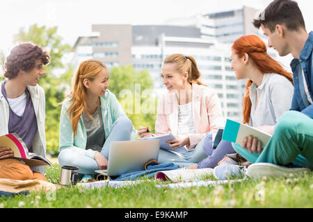 Gli studenti universitari che studiano insieme sull'erba Foto Stock