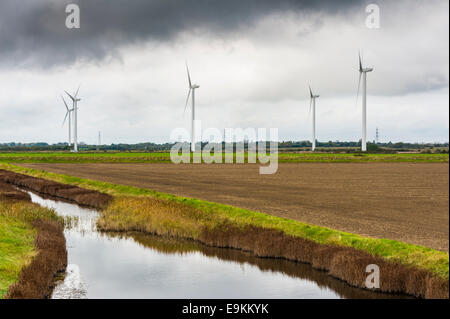 Piccola fattoria eolica nella piana costiera, terreni agricoli.energia rinnovabile. Foto Stock